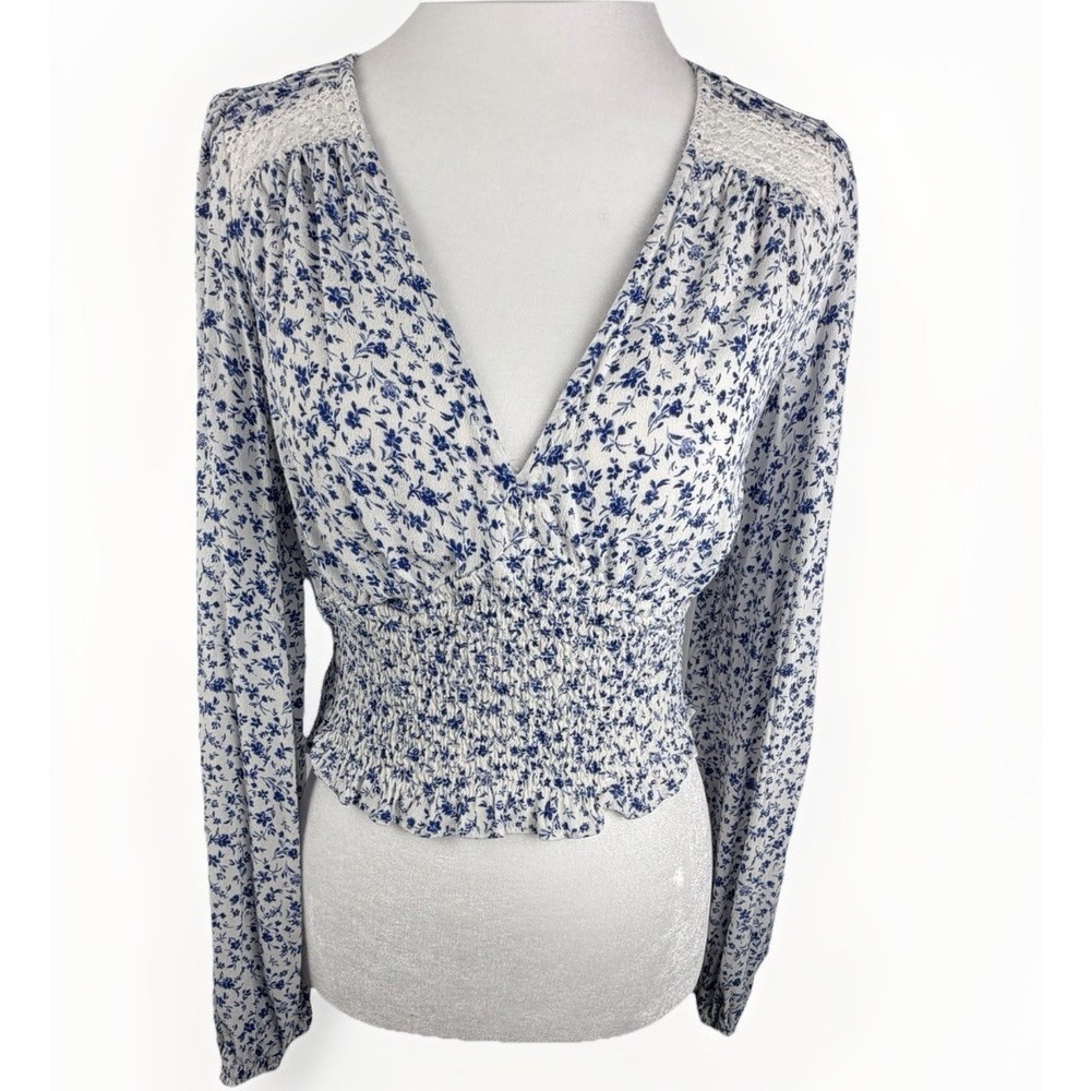 Smocked Babydoll‎ Top Sz S Cropped Long Sleeve Floral Cottage Coquette Dainty